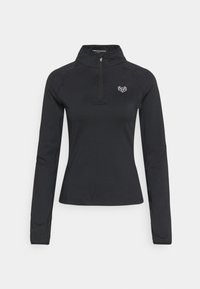 Černé sportovní tričko s dlouhým rukávem a polozipem, na levém prsu s malým geometrickým logem srdce. Hladká textura, přiléhavý střih.