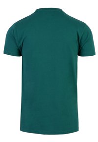 Grünes Baumwoll-T-Shirt mit kurzen Ärmeln, klassischem Rundhalsausschnitt, glatter Textur und ohne sichtbare Muster oder Dekorationen.