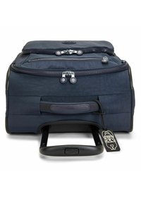 Navy fabric rolling bag with dual zippers, retractable handle, rubber accents, and a logo tag. Features a structured rectangular shape.