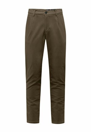Olivgrüne Hose aus einem Stoff mit subtiler Textur. Verfügt über einen Reißverschluss, einen Knopfverschluss und Seitentaschen. Slim-Fit-Design.