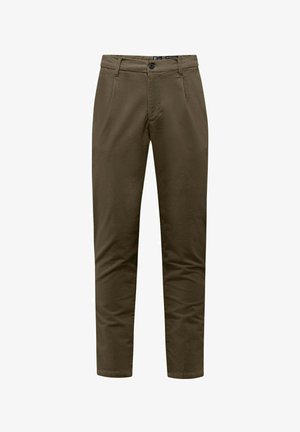 Spodnie o oliwkowym kolorze wykonane z tkaniny o subtelnej teksturze. Posiadają zamek błyskawiczny, zapięcie na guzik i boczne kieszenie. Slim fit.