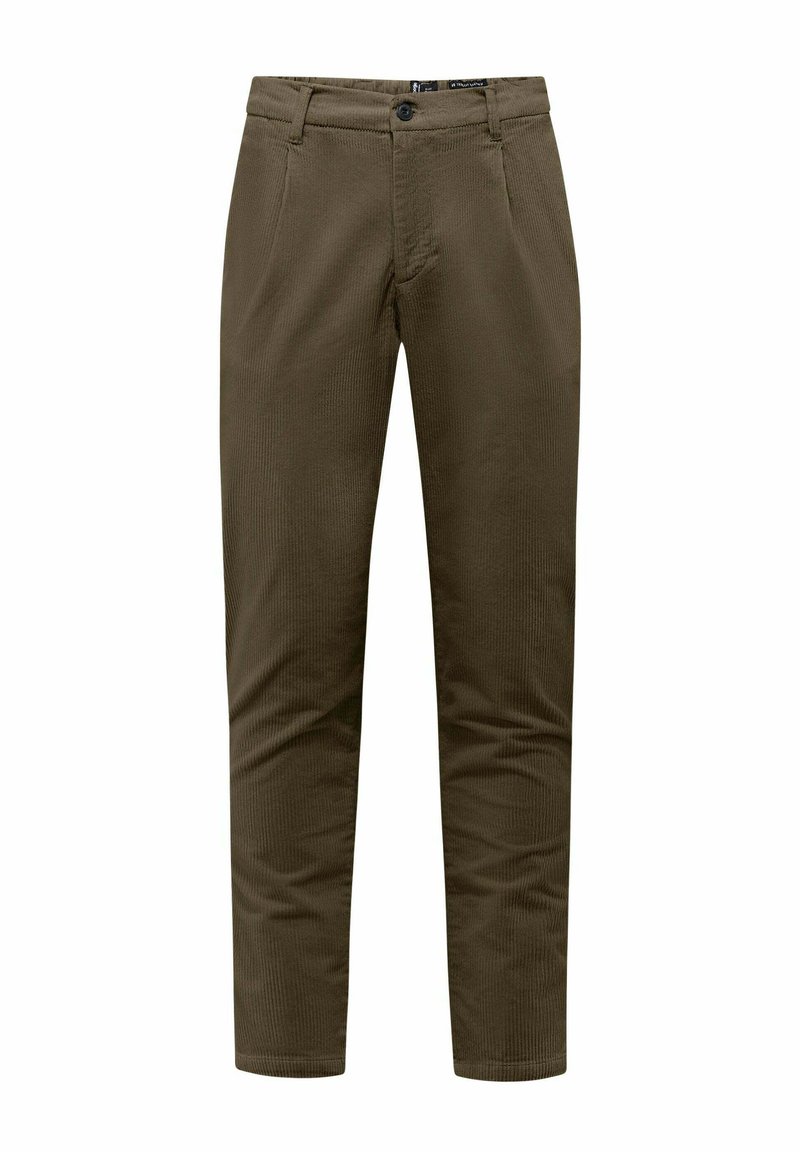 Pantaloni verde oliva realizzati in un tessuto con una sottile trama. Presentano una chiusura con zip, bottone e tasche laterali. Design slim fit.