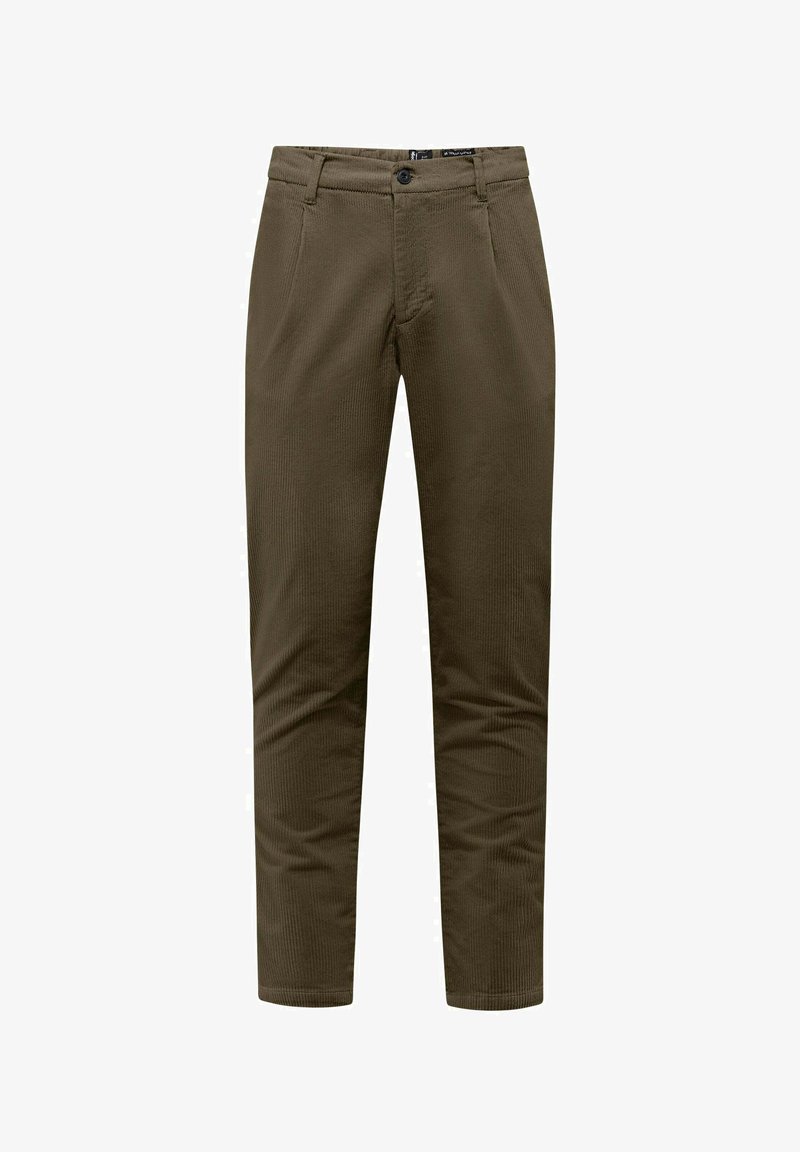 Spodnie o oliwkowym kolorze wykonane z tkaniny o subtelnej teksturze. Posiadają zamek błyskawiczny, zapięcie na guzik i boczne kieszenie. Slim fit.