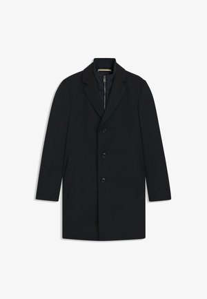 Schwarzer Mantel mit tailliertem Design, einreihigem Verschluss, drei Knöpfen und Seitentaschen. Verfügt über ein gefüttertes Innenfutter mit Reißverschluss in Marineblau.