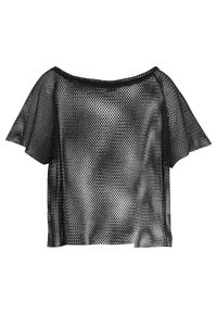 Top nero in mesh a maniche corte con una vestibilità ampia e un scollo largo. Il tessuto testurizzato presenta un motivo a rombi su tutta la superficie.