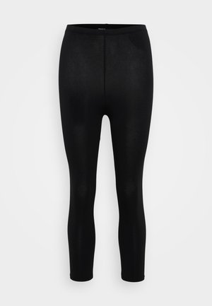 Schwarze Leggings mit einer eleganten, glatten Textur, ausgestattet mit einem hohen Taillenbund und taillierter Passform, geeignet für verschiedene Aktivitäten.