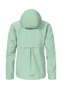 Mintgrüne wasserdichte Jacke mit passender Kapuze, elastischen Ärmelbündchen und hinterem Belüftungsdesign. Glatte Textur und minimalistische Hardwaredetails.