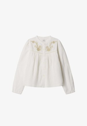 Weißes Langarmshirt mit besticktem Blumenmuster in Beige, mit rundem Ausschnitt und Knopfverschluss. Strukturierter Stoff, lockere Passform.