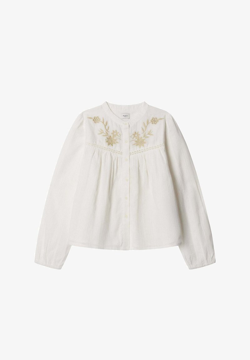 Balti ilgomis rankovėmis marškiniai su siuvinėtu gėlių raštu smėlio spalvos atspalviais, apvalia apykakle ir sagų užsegimu. Tekstūruota medžiaga, laisvo silueto.