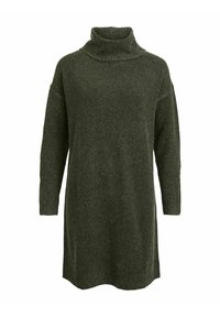 Maglione verde a collo alto in maglia, con maniche lunghe, vestibilità morbida, dettagli a coste sul colletto e sui polsini, texture morbida.