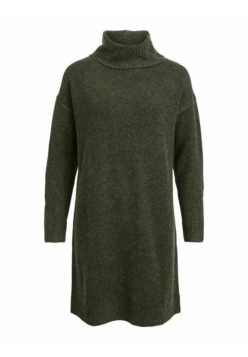 Maglione verde a collo alto in maglia, con maniche lunghe, vestibilità morbida, dettagli a coste sul colletto e sui polsini, texture morbida.