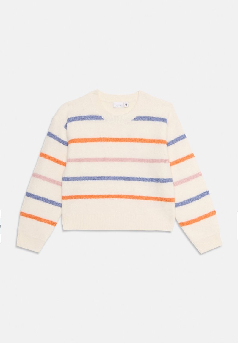 Cremefarbener Pullover mit mehrfarbigen Streifen in Rosa, Orange, Blau und Lavendel; mit runder Ausschnitt und langen Ärmeln, weicher Textur.