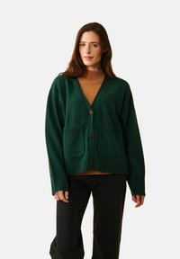 Grön stickad kofta med V-hals, tre knappar och två framfickor. Strukturerad tyg och lös passform, lagrad över en ribbad brun polotröja.