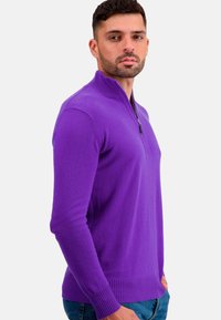 Lila Reißverschluss-Pullover mit hohem Kragen, gerippten Bündchen und Saum. Weiche Textur und taillierte Passform, kombiniert mit blauen Jeans.