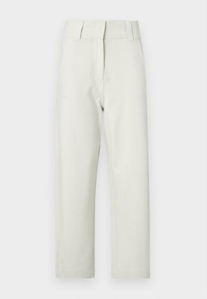 Light beige straight-leg trousers with a smooth texture, featuring a flat waistband, belt loops, and two front pockets.
