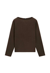 Maglione scuro marrone a maniche lunghe con colletto girocollo, dal design a maglia semplice e orlo dritto.
