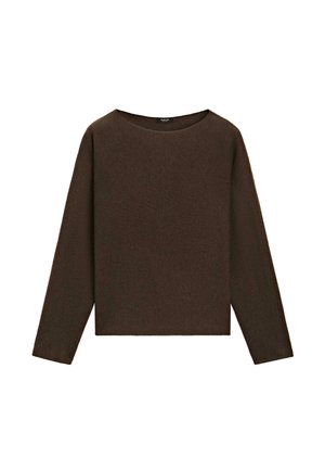 Maglione scuro marrone a maniche lunghe con colletto girocollo, dal design a maglia semplice e orlo dritto.