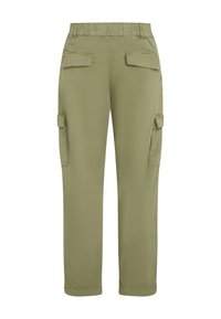 Housut khaki varastotaskuilla, joissa on joustava vyötärö, suorat lahkeet ja sileä, kevyt kangas.
