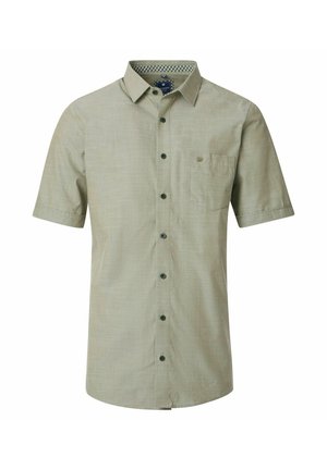 Lichtgroen korte mouwen overhemd met knopen en een borstzak, gestructureerde stof en donkergroene knopen. Gedessineerde detailvoering van de kraag.