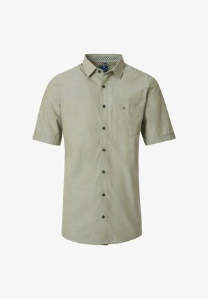 Kortærmet, lysegrøn skjorte med knapper, en brystlomme, struktureret stof og mørkegrønne knapper. Mønstret detalje på kraveindvendigheden.