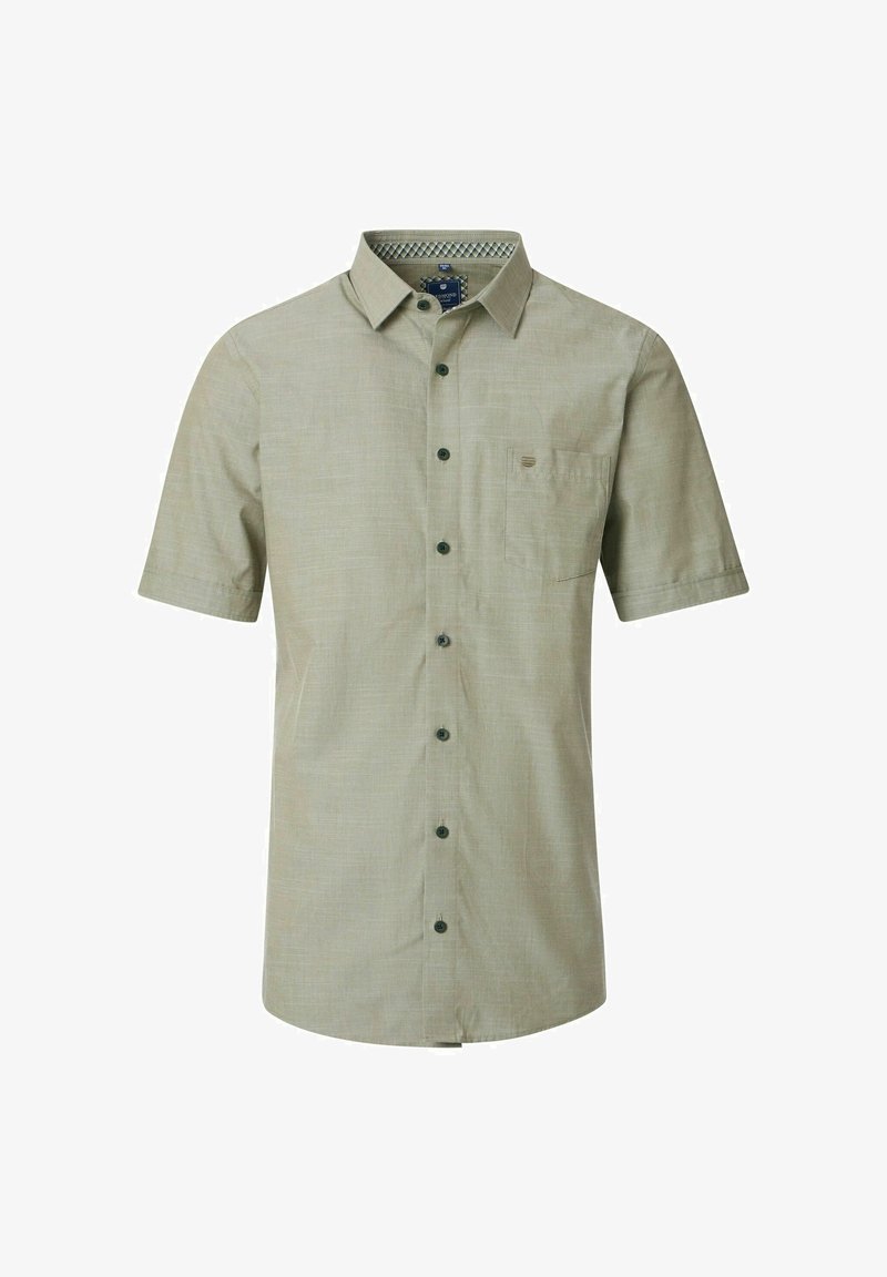 Kurzärmliges, hellgrünes Hemd mit Knöpfen und einer Brusttasche, strukturiertem Stoff und dunkelgrünen Knöpfen. Geknotetes Innendetail am Kragen.