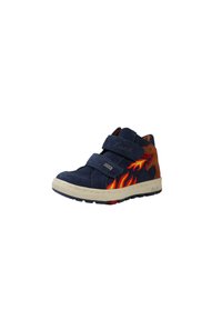 Dunkelblaue Wildleder-Hochtopschuh mit braunen Akzenten, ausgestattet mit rot-gelbem Flammenstickerei und zwei Klettverschlüssen. Gummisohle.
