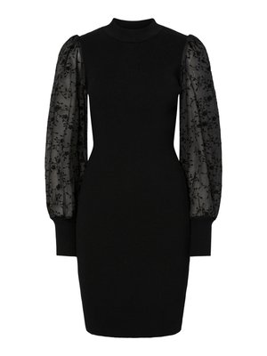 Sort tætsiddende kjole med ribstrikket krop, gennemsigtige pufferlange ærmer med blomsterbroderi og høj halsudskæring.