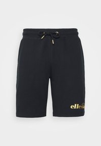 Black cotton shorts with an elastic waistband and drawstring, featuring a gold logo on the lower left front. Smooth texture and knee-length cut.