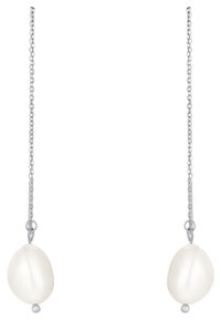 Silberne Kette Ohrringe mit großen weißen Perlen in glatten, ovalen Formen und einem kleinen runden Silberakzent an der Basis.