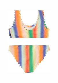 Set di bikini multicolore con design a scallop. Il top ha una scollatura a barca, mentre il bottom presenta un taglio classico con bordi scallop.