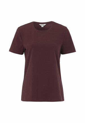 Kurzärmeliges einfarbiges dunkelbraunes T-Shirt mit Rundhalsausschnitt, auf weißem Hintergrund dargestellt.