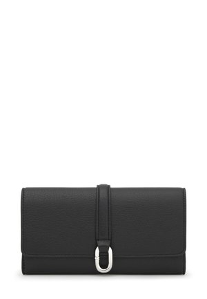 Portafoglio in pelle nera con finitura testurizzata, caratterizzato da una fascia centrale e dettagli in metallo argentato. Forma rettangolare con design a pieghe.