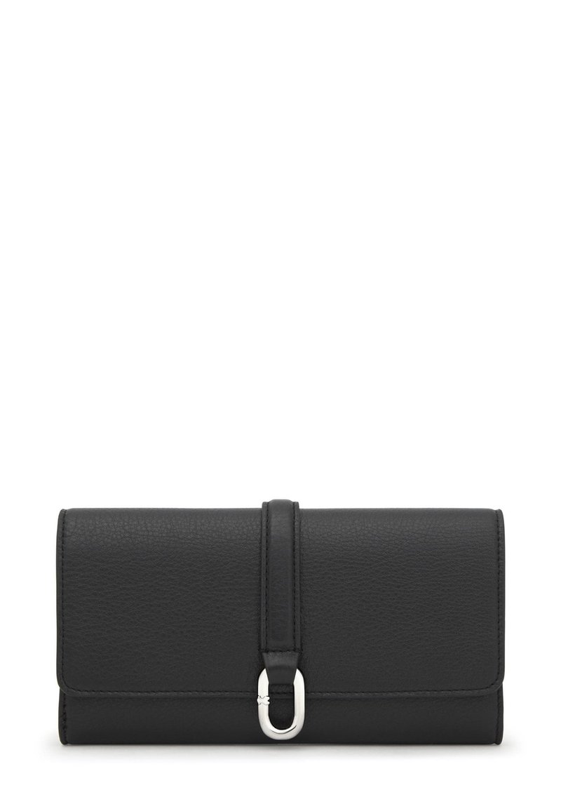 Black leather wallet with a textured finish, featuring a central strap and silver hardware accent. Rectangular shape with a folded design.