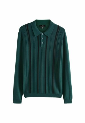 Grøn langærmet polo shirt med et tekstureret ribbet design og lodrette sorte striber. Tre-knaps knaplukning og strikket krave.