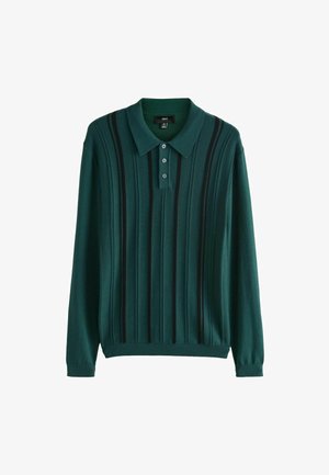 Green long-sleeve polo shirt featuring a textured ribbed design with vertical black stripes. Three-button placket and knitted collar.