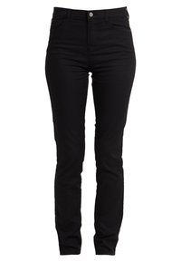 Svarta skinny jeans i denim med femficksdesign, metallknappstängning och en slät yta.