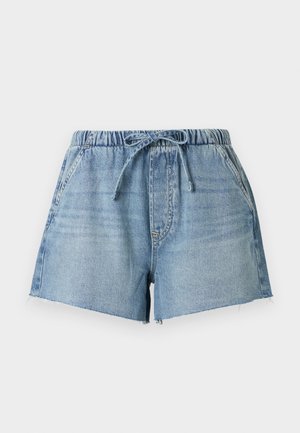 Lyseblå denimshorts med elastisk talje, snøre, forlommer og rå kanter.