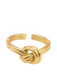 Gouden ring met een dubbele open band en een knoopontwerp in het midden. Gladde, glanzende afwerking met ronde randen en een minimalistische stijl.