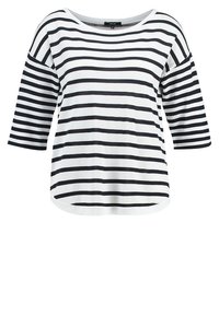 T-shirt a righe bianche e nere con maniche a tre quarti, scollo rotondo e vestibilità comoda, realizzata in un tessuto morbido e strutturato.