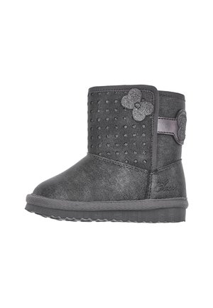 Bottine pour tout-petit gris foncé avec dessus texturé, strass décoratifs et ornements en forme de fleurs sur le côté et à l’avant.