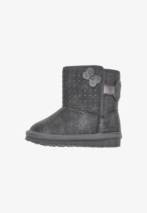 Bottine pour tout-petit gris foncé avec dessus texturé, strass décoratifs et ornements en forme de fleurs sur le côté et à l’avant.