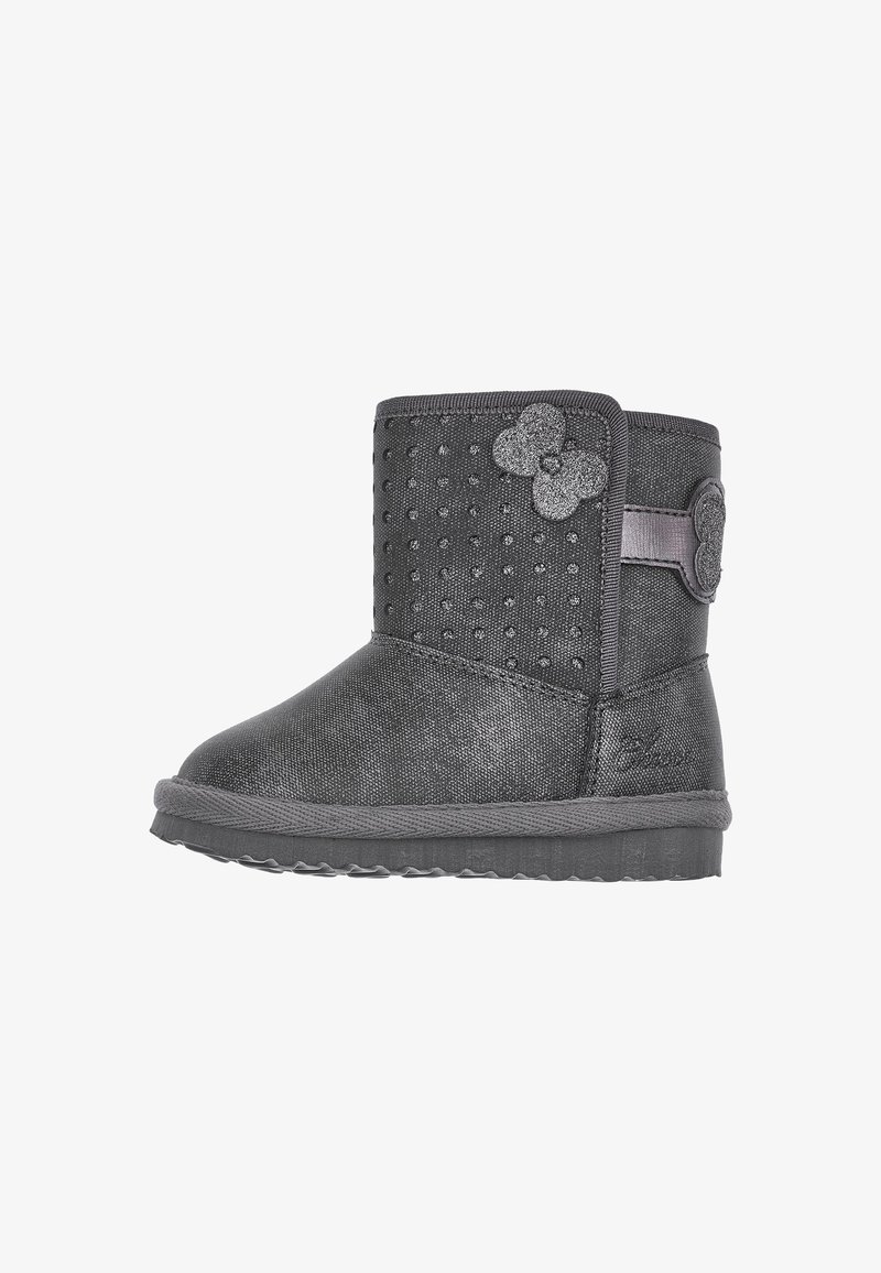 Bottine pour tout-petit gris foncé avec dessus texturé, strass décoratifs et ornements en forme de fleurs sur le côté et à l’avant.