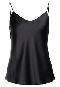 Svart satin camisol med tunna justerbara axelband och V-ringning. Slät textur och flytande design, med en något utsv ängd nederkant.
