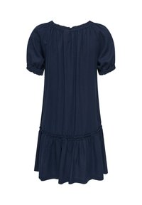 Robe bleu marine à manches courtes avec encolure, manches et taille froncées et élastiques, avec un ourlet volanté évasé.
