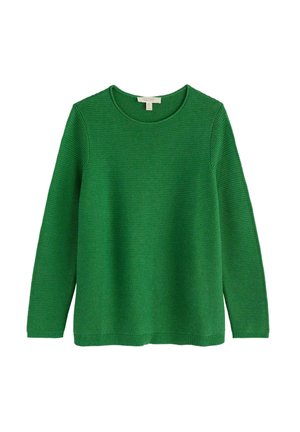 Grüner Pullover mit langen Ärmeln, runder Halslinie, gerippter Textur und lockerer Passform. Gleichmäßiges, horizontales Strickmuster über das gesamte Kleidungsstück.