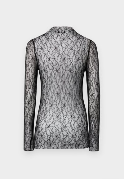 Černý průsvitný top s dlouhým rukávem a květinovou krajkovou vzorem, vysokým límcem a přiléhavým střihem, zobrazený zezadu na jednoduchém pozadí.