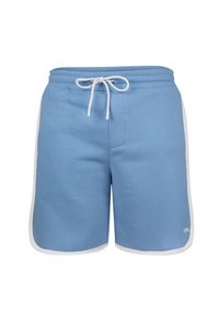 Pantalones cortos de algodón azul con acentos laterales blancos y cintura con cordón. Textura suave con un ajuste elástico. Pequeño logo en la parte inferior.