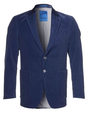 Donkerblauwe herenblazer met notch-revers, twee voorste knopen, opgestikte zakken en een borstzak, binnenzijde gevoerd met lichtgrijze stof.