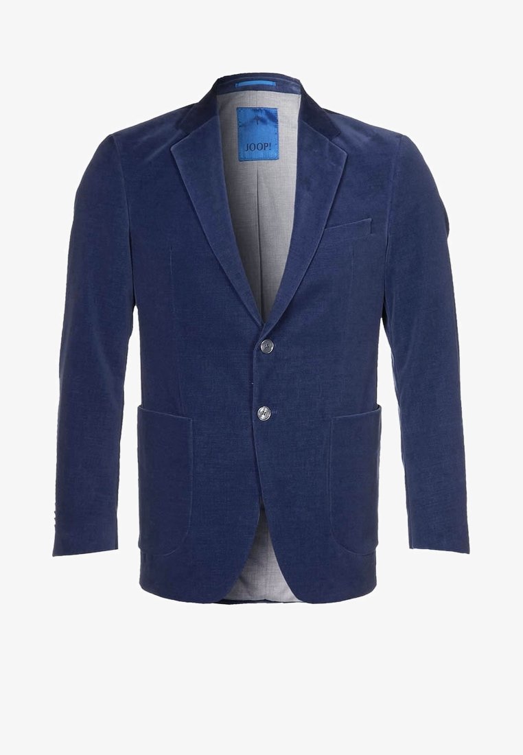 Blazer bleu marine pour homme avec revers crantés, deux boutons devant, poches plaquées et une poche poitrine, doublure intérieure en tissu gris clair.