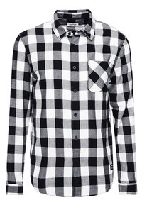 Camicia a quadri bianca e nera, maniche lunghe, parte anteriore con bottoni, tasca sul petto, materiale in cotone, classico motivo a scacchi, colletto strutturato.